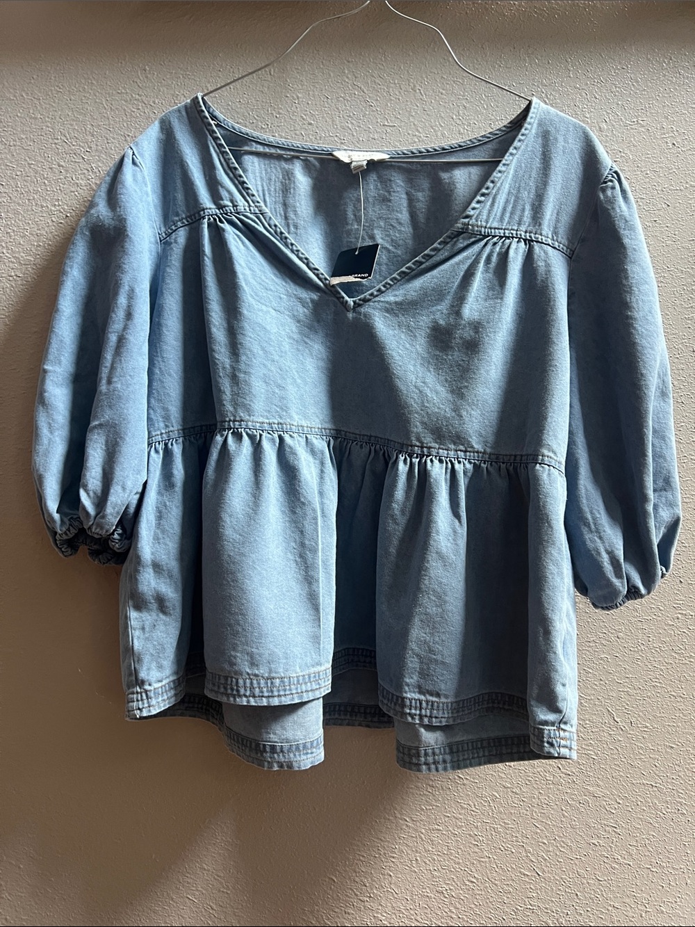 Lucky Brand Light Blue Denim V-Neck Tiered Peasant Blouse